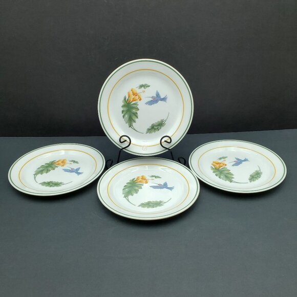 Corelle Hummingbird Salad Plates Dessert Bread Plates Green Gold Bands - Picture 1 of 6